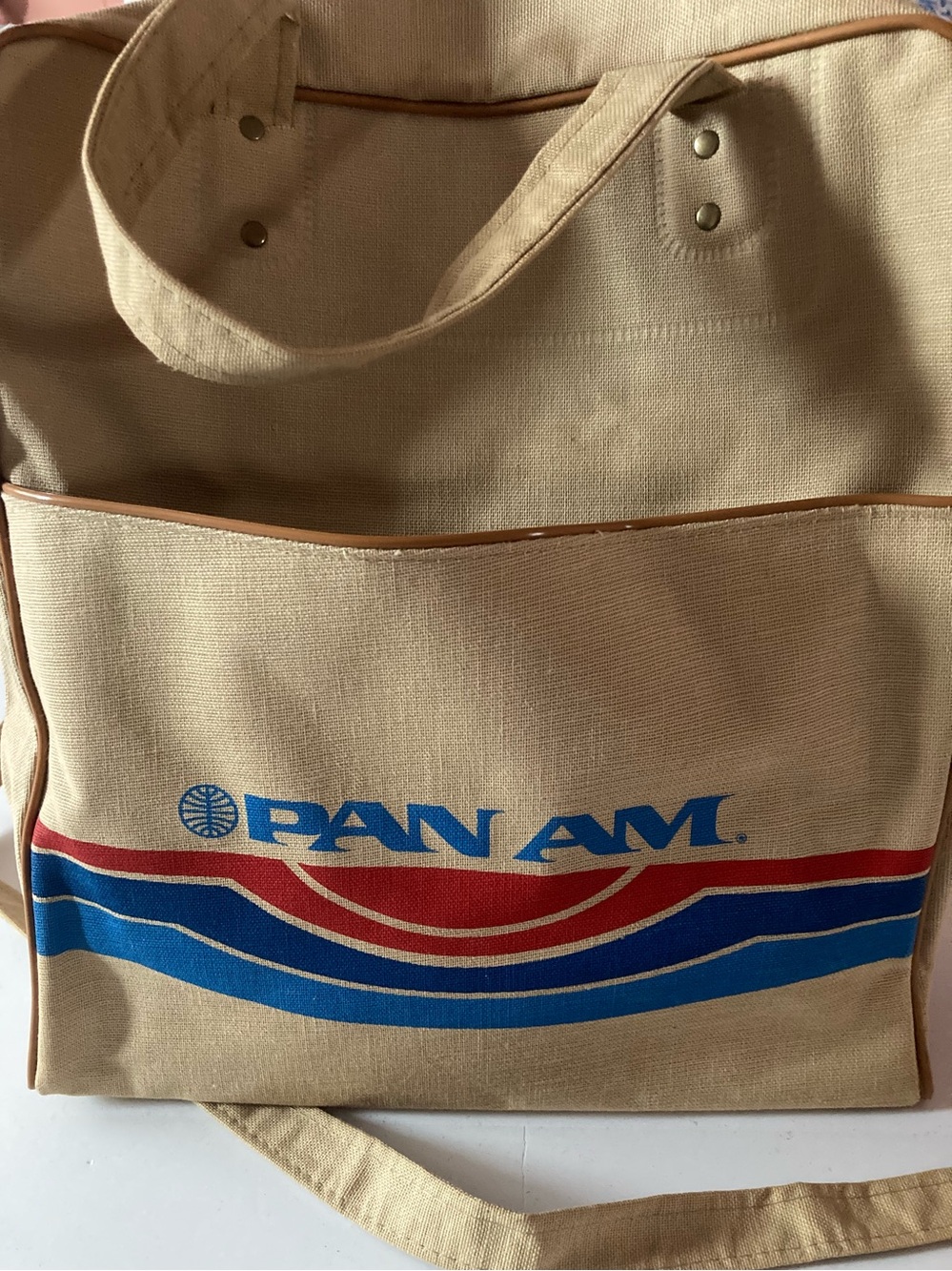 Vintage Pan Am Beige Canvas Travel Tote Bag with Blue & Red Logo